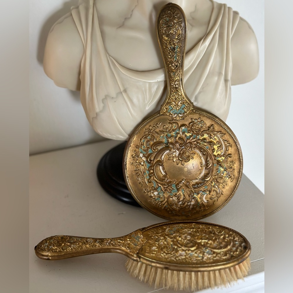Vintage mirror and brush set. Used. Mirror 9” long Gorgeous set - Picture 3 of 7